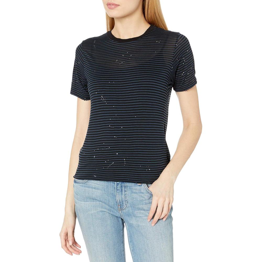 imageAG Adriano Goldschmied Womens Gray Boy TeeWhite Paint SplatterCovert Blue Mini Stripe