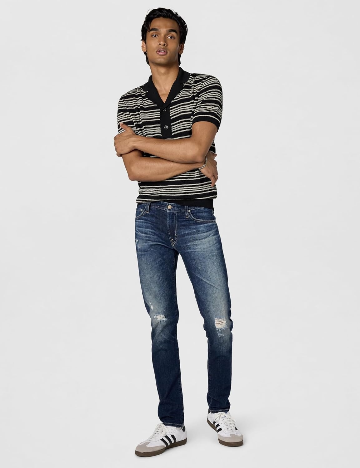image:imageAG Jeans Tellis Modern Slim Leg SUD Sueded Stretch Sateen in Super Black9 Years Solar Ray Destructed